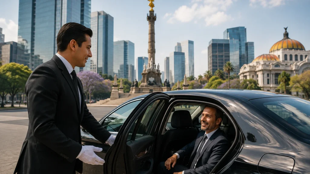 Chofer bilingüe en CDMX brindando servicio de transporte ejecutivo a visitante extranjero