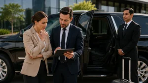 Ejecutivos revisando un servicio de camioneta con chofer antes de contratar