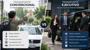 Comparación entre transporte convencional y transporte ejecutivo para empresas enfocado en traslados corporativos planificados.