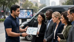Coordinador muestra ruta en tablet para transporte para eventos corporativos en CDMX