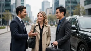 Chofer bilingüe atiende a visitantes internacionales junto a una SUV ejecutiva negra en CDMX, ejemplo de proveedor de transporte ejecutivo para empresas con servicio para clientes extranjeros