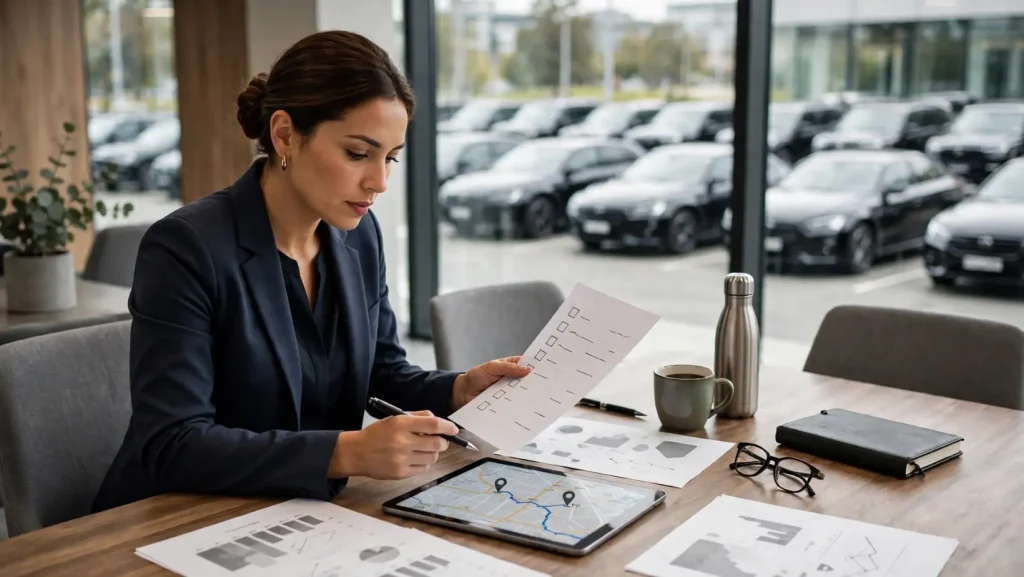 Directora revisa checklist y ruta en tablet con flotilla de vehículos ejecutivos al fondo, evaluando cómo elegir un proveedor de transporte ejecutivo para empresas
